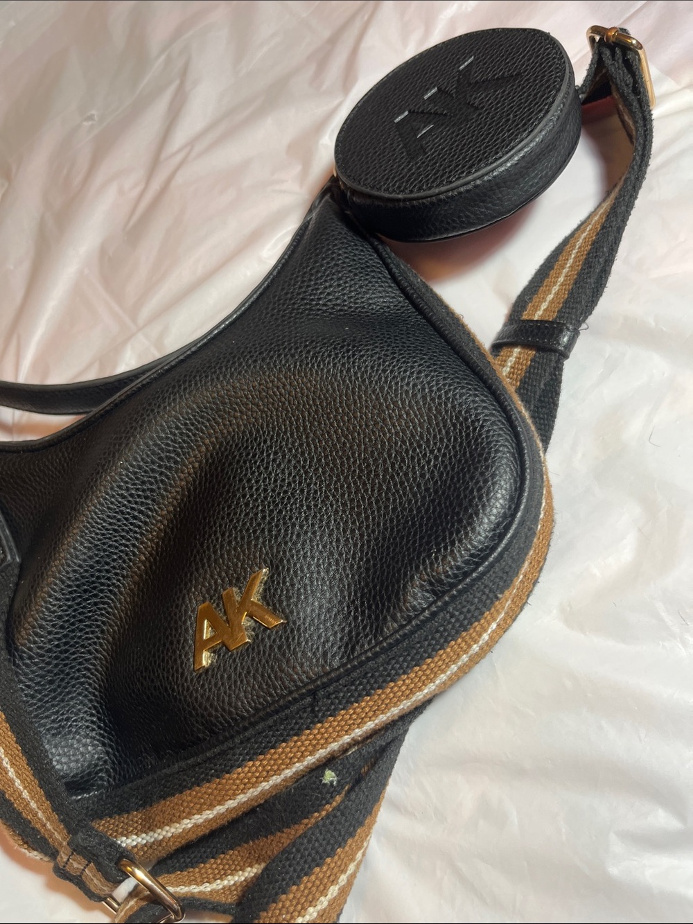 Anne Klein Black Leather Belt Bag with Brown-Striped Strap